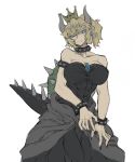  2018 abs alternate_species big_breasts black_nails blonde_hair blue_eyes bowser bowsette_meme bracelet breasts claws cleavage clothed clothing collar colored_nails crossgender crown dress ear_piercing fangs female hair horn horned_humanoid humanoid humanoidized j89092378 jewelry koopa koopahime mario_bros muscular muscular_female nintendo not_furry piercing pointy_ears ponytail red_pupils scalie shell short_hair spiked_bracelet spiked_collar spiked_shell spiked_tail spikes super_crown teeth video_games 