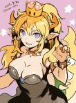  armlet artist_name bare_shoulders black_dress blonde_hair blue_eyes bowsette bracelet breasts cleavage collar commentary_request crown dated dress earrings highres horns jewelry long_hair looking_at_viewer mario_(series) nail_polish new_super_mario_bros._u_deluxe open_mouth pink_background ponytail rioka_(southern_blue_sky) sharp_teeth signature sitting spiked_armlet spiked_bracelet spiked_collar spikes star starry_background strapless strapless_dress super_crown super_mario_bros. tail teeth turtle_shell 