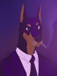  2018 anthro business_suit canine caravan_palace cigar clothed clothing coyote_squad digital_media_(artwork) doberman dog general: lone_digger male mammal pointy_ears smoke smoking species: suit 