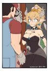  1girl armlet bare_shoulders black_dress blonde_hair blue_eyes blush bowsette breasts cleavage collar comic commentary crown dress earrings fang fang_out hand_on_own_chest highres horns jewelry kuso_otoko large_breasts mario mario_(series) nervous new_super_mario_bros._u_deluxe pointy_ears ponytail silent_comic spiked_collar spikes strapless strapless_dress super_crown twitter_username watermark web_address wrench 