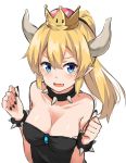 bare_shoulders black_dress blonde_hair blue_eyes bowsette bracelet breasts collar commentary_request crown dress fang highres horns jewelry kohakope large_breasts looking_at_viewer mario_(series) new_super_mario_bros._u_deluxe ponytail simple_background solo spiked_bracelet spiked_collar spikes strapless strapless_dress super_crown upper_body white_background 