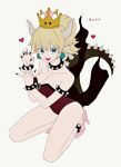  1girl bare_shoulders blonde_hair blue_eyes blush bowser bowsette bracelet breasts cleavage collar crown dress earrings high_heels horns jewelry large_breasts mario_(series) nail_polish nintendo open_mouth pointy_ears solo spiked_bracelet spiked_collar spikes super_crown 