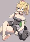  :d bare_shoulders barefoot black_collar black_dress blonde_hair blue_eyes blue_nails bowsette bracelet breasts cleavage collar collarbone commentary crossed_legs crown dress eyebrows_visible_through_hair fang feet foot_out_of_frame grey_background hand_to_own_mouth hand_up highres horns jewelry kar_as_u looking_at_viewer mario_(series) nail_polish new_super_mario_bros._u_deluxe off-shoulder_dress off_shoulder open_mouth ponytail simple_background smile smug soles spiked_bracelet spiked_collar spikes super_crown super_mario_bros. toes v-shaped_eyebrows 