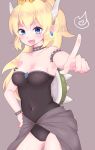  bare_shoulders black_leotard blonde_hair bowsette bracelet breasts brown_background cleavage collar commentary_request covered_navel crown groin hand_on_hip highres horns index_finger_raised jewelry leotard long_hair mario_(series) medium_breasts mini_crown new_super_mario_bros._u_deluxe outstretched_arm solo spiked_bracelet spiked_collar spiked_shell spikes strapless strapless_leotard super_crown tachibanami_gutsu turtle_shell very_long_hair 