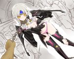  arm_behind_back blush chain code:_nemesis_(elsword) coladaisuki crack elsword eve_(elsword) facial_mark forehead_jewel long_hair nipples one_breast_out panties pink_panties restrained silver_hair torn_clothes underwear wings yellow_eyes 