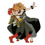  1girl absurdres alternate_color black_dress blonde_hair boots bowsette bracelet commentary cravat crown dancing dress genderswap genderswap_(ftm) hetero highres horns jewelry kendy_(revolocities) lord_peach mario_(series) new_super_mario_bros._u_deluxe pointy_ears ponytail red_footwear red_hair spiked_bracelet spikes super_crown 