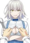  alternate_costume anger_vein angry anna_miller apron bangs blue_neckwear blue_ribbon blush bow bowtie breasts collared_shirt commentary_request contemporary crossed_arms eyebrows_visible_through_hair fate/grand_order fate_(series) fujimaru_ritsuka_(male) hands highres jeanne_d'arc_(alter)_(fate) jeanne_d'arc_(fate)_(all) kobeya koubeya_uniform large_breasts looking_at_viewer open_clothes open_shirt opened_by_another out_of_frame pale_skin pink_lips plaid plaid_apron pov pov_hands ribbon shiny shiny_skin shirt short_hair signature silver_hair simple_background slit_pupils striped suzuki_nene tongs upper_body vertical_stripes waitress white_shirt 