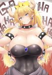  abs armlet bare_shoulders blonde_hair blue_eyes blush borrowed_design bowsette bracelet breasts cleavage collar collarbone commentary_request covered_navel covered_nipples crown dress earrings eyebrows_visible_through_hair grin hands_on_hips head_tilt highres horns huge_breasts jewelry long_hair looking_at_viewer mario_(series) mizuyan new_super_mario_bros._u_deluxe pointy_ears sharp_teeth smile solo spiked_armlet spiked_bracelet spiked_collar spikes strapless strapless_dress super_crown teeth v-shaped_eyebrows 