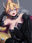  absurdres armpits bangs bare_shoulders black_dress blonde_hair blue_eyes blush borrowed_design bowsette breasts breath cleavage collar collarbone colored_eyelashes commentary crown dress elbow_gloves gloves grey_background hair_between_eyes highres horns jewelry kumiko_shiba large_breasts looking_at_viewer lying mario_(series) new_super_mario_bros._u_deluxe sharp_teeth sitting spiked_collar spikes strapless strapless_dress super_crown super_mario_bros. tail teeth tongue tongue_out 