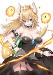  bare_shoulders black_dress black_legwear black_panties blonde_hair blue_eyes bowsette bracelet breasts cleavage collar collarbone commentary contrapposto crown dress earrings eyebrows_visible_through_hair fingernails fireball hand_on_hip hattori_masaki highres jewelry large_breasts long_fingernails mario_(series) nail_polish new_super_mario_bros._u_deluxe panties pointy_ears ponytail sharp_teeth shell shiny shiny_skin skindentation solo spiked_armlet spiked_bracelet spiked_collar spiked_tail spikes strapless strapless_dress super_crown tail teeth thick_eyebrows thighhighs underwear v-shaped_eyebrows 