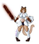  2018 4_toes 5_fingers abs anthro armor barefoot big_breasts biped breasts clothed clothing cougar english_text eyelashes feline female fully_clothed fur hair happy humanoid_hands long_hair looking_at_viewer mammal melee_weapon midriff muscular muscular_female navel shield signature simple_background smile standing sword text toes weapon wolfie-pawz 