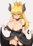  absurdres areola_slip areolae armlet bare_shoulders black_dress blonde_hair blue_eyes blush borrowed_design bowsette bowsette_(cosplay) bracelet breasts chestnut_mouth collar cosplay cowboy_shot crown curvy dress dress_lift garter_belt garter_straps highres horns huge_breasts jewelry leafa looking_at_viewer mario_(series) new_super_mario_bros._u_deluxe nose_blush open_mouth ponytail see-through sharp_teeth shiny shiny_skin sidelocks spiked_bracelet spiked_collar spikes strapless strapless_dress super_crown sword_art_online teeth thick_thighs thighhighs thighs tigersaber wide_hips 