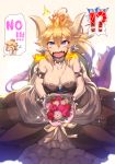  !? /\/\/\ 2girls blonde_hair blue_eyes bouquet bowsette bracelet breasts breathing_fire cleavage closed_eyes collar comic commentary_request crown dress earrings english fire flower hair_between_eyes hand_up horns jewelry large_breasts long_hair long_sleeves mario_(series) mini_crown multiple_girls new_super_mario_bros. new_super_mario_bros._u_deluxe open_mouth pointy_ears princess_peach rejection sharp_teeth sparkle spiked_armlet spiked_bracelet spiked_collar spikes spoken_interrobang super_crown super_mario_bros. surprised tearing_up teeth tomoyohi turtle_shell yuri 