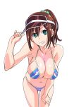  bikini blush breasts brown_hair cleavage commentary_request green_eyes highres kurara-chan_(suzutsuki_kurara) long_hair looking_at_viewer original shiny shiny_skin simple_background solo striped suzutsuki_kurara swimsuit teeth white_background 