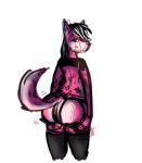  anthro bedroom_eyes black_hair butt clothing eggs_(artist) fur girly hair half-closed_eyes leggings legwear looking_at_viewer looking_back male multicolored_fur pink_fur rear_view seductive shello_lakoda simple_background sketch smile solo spots spotted_fur thigh_highs two_tone_fur white_background white_fur 