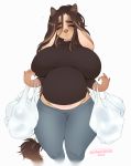  2018 anthro bag belly big_breasts bovine breasts brown_hair caramel_(cherrikissu) cattle cherrikissu clothed clothing digital_media_(artwork) eyes_closed facial_piercing female fully_clothed hair hi_res horn jeans long_hair mammal nose_piercing nose_ring pants piercing pregnant signature simple_background solo 