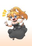  :d bare_arms bare_shoulders black_dress blonde_hair blue_eyes bowsette bracelet breasts brooch chibi chinese_commentary cleavage collar commentary_request crown dress earrings full_body gooster gradient gradient_background hair_between_eyes hands_up high_ponytail highres horns jewelry long_dress long_hair looking_afar mario_(series) marker_(medium) new_super_mario_bros._u_deluxe no_nose open_mouth ponytail running sharp_teeth sidelocks smile solo spiked_bracelet spiked_collar spiked_shell spikes strapless strapless_dress super_crown tail teeth traditional_media tsurime turtle_shell upper_teeth 