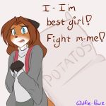  2018 anthro biped blush canine clothed clothing dialogue english_text eyebrows fangs female food fox fully_clothed fur hair keidran laura_(twokinds) long_hair mammal meme potato sack signature simple_background solo standing stutter teeth text tongue twokinds vegetable white_background wolfie-pawz 