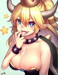  areolae artist_name bare_shoulders blonde_hair blue_eyes bowsette bracelet breasts cleavage collar commentary_request crown earrings green_background heart heart-shaped_pupils highres horns jewelry jurrig large_breasts long_hair mario_(series) new_super_mario_bros._u_deluxe pointy_ears ponytail saliva simple_background solo spiked_bracelet spiked_collar spikes star super_crown symbol-shaped_pupils tongue tongue_out 