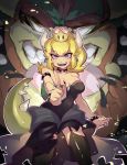  1girl armlet bangs bare_shoulders black_dress black_legwear blonde_hair blue_eyes bowser bowsette bracelet breasts cleavage collar commentary_request crown dress dual_persona eyebrows_visible_through_hair garter_straps grin highres horns jewelry large_breasts long_hair looking_at_viewer mario_(series) new_super_mario_bros._u_deluxe open_mouth pointing pointing_at_viewer ponytail sharp_teeth skindentation smile spiked_bracelet spiked_collar spikes strapless strapless_dress super_crown super_mario_bros. tail teeth thighhighs tsukimei99 turtle_shell 