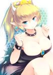 :i absurdres bare_shoulders black_dress blonde_hair blue_eyes blush bowsette bracelet breasts brooch cleavage clenched_hands collar collarbone commentary_request crown dress earrings eyebrows_visible_through_hair hair_between_eyes highres horns jewelry kanzakietc large_breasts long_hair looking_at_viewer mario_(series) new_super_mario_bros._u_deluxe pointy_ears ponytail pout solo spiked_bracelet spiked_collar spiked_shell spikes super_crown v-shaped_eyebrows 