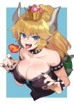  armlet bare_shoulders black_dress black_nails blonde_hair bowsette bracelet breasts cleavage collar commentary_request crown dress highres horns jewelry long_hair looking_at_viewer mario_(series) mimoza_(96mimo414) nail_polish new_super_mario_bros._u_deluxe open_mouth sharp_teeth solo spiked_bracelet spiked_collar spikes strapless strapless_dress super_crown teeth tongue tongue_out turtle_shell 