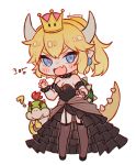  :d ? armlet bangs bare_shoulders black_eyes black_footwear black_legwear black_leotard blonde_hair blue_eyes blush bowser_jr. bowsette bracelet breasts brooch chibi claw_pose cleavage closed_mouth collar collarbone commentary confused crown earrings fang fang_out finger_to_mouth frilled_skirt frills full_body garter_straps gem green_skin grey_sash high_ponytail hn_(artist) horns jewelry korean leotard lizard_tail looking_at_viewer mario_(series) medium_breasts medium_hair new_super_mario_bros._u_deluxe open_mouth parted_bangs pointy_ears ponytail red_hair sapphire_(stone) sash shoes short_pointy_ears showgirl_skirt sidelocks signature simple_background skirt slit_pupils smile spiked_armlet spiked_bracelet spiked_collar spiked_shell spiked_tail spikes spoken_question_mark standing strapless strapless_leotard super_crown tail thick_eyebrows thighhighs translation_request turtle_shell v-shaped_eyebrows white_background yellow_skin zettai_ryouiki 