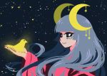  akairiot bangs bird bird_on_hand black_eyes blunt_bangs closed_mouth commentary crescent crescent_moon english_commentary facial_mark flat_color glowing grey_hair hand_up hime_cut holding holding_bird long_hair long_sleeves looking_at_animal moon moon_phases night night_sky no_lineart original sky smile solo star_(sky) starry_sky symbolism upper_body very_long_hair wide_sleeves yellow_pupils 