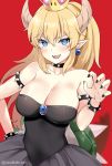  :d bangs bare_shoulders black_dress black_nails blonde_hair blue_eyes blush bowsette bracelet breasts claw_pose cleavage collar collarbone commentary_request crown dress earrings eyebrows_visible_through_hair fangs hair_between_eyes hand_on_hip highres horns jewelry kaetzchen large_breasts long_hair looking_at_viewer mario_(series) mini_crown nail_polish new_super_mario_bros._u_deluxe open_mouth pointy_ears ponytail red_background sharp_teeth sidelocks simple_background smile solo spiked_armlet spiked_bracelet spiked_collar spikes strapless strapless_dress super_crown teeth tsurime turtle_shell twitter_username 