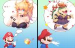  1girl armlet bare_shoulders blonde_hair blue_eyes bowser bowsette breasts check_commentary chinese_commentary cleavage collar comic commentary_request crown expectations/reality facial_hair heart heart_eyes highres horns imagining lipstick makeup mario mario_(series) mustache new_super_mario_bros._u_deluxe o_o red_hair spiked_collar spikes spit_take spitting super_crown translated w2398510474 