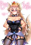  bare_shoulders biceps black_dress blonde_hair borrowed_design bowsette bracelet breasts character_name choker commentary_request crown dress fishnet_legwear fishnets garter_straps grin haga_souken hands_on_hips highres horns jewelry large_breasts long_hair looking_at_viewer mario_(series) muscle muscular_female new_super_mario_bros._u_deluxe sharp_teeth smile spiked_armlet spiked_bracelet spiked_choker spikes super_crown super_mario_bros. tail teeth thighhighs torn_clothes torn_dress turtle_shell very_long_hair 