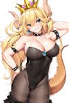  arm_up bangs bare_shoulders black_legwear black_leotard blonde_hair blue_eyes blush bowsette bracelet breasts brooch cleavage collar collarbone commentary covered_navel crown earrings eyebrows_visible_through_hair hair_between_eyes highres hips horns jewelry large_breasts leotard lips long_hair looking_at_viewer mario_(series) new_super_mario_bros._u_deluxe pantyhose ponytail simple_background smile solo spiked_armlet spiked_bracelet spiked_collar spiked_tail spikes strapless strapless_leotard super_crown tail teeth thighband_pantyhose thighs tony_guisado turtle_shell white_background 