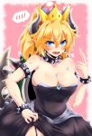  bare_shoulders black_dress blonde_hair blue_eyes blush bowsette bracelet breasts cleavage collar collarbone commentary_request crown dress earrings eyebrows eyebrows_visible_through_hair garter_straps highres horns index_finger_raised iseno_yajin jewelry large_breasts looking_at_viewer mario_(series) new_super_mario_bros._u_deluxe open_mouth pink_background pointy_ears sharp_teeth simple_background slit_pupils solo spiked_armlet spiked_bracelet spiked_collar spikes spoken_blush super_crown tail teeth 