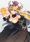  bare_shoulders black_dress blonde_hair blue_earrings blue_eyes bowsette bracelet breasts breathing_fire cleavage clenched_teeth collar commentary_request crown dress earrings fang fire grey_background hand_on_hip horns iltusa jewelry large_breasts long_hair looking_at_viewer mario_(series) new_super_mario_bros._u_deluxe pointy_ears sharp_teeth simple_background slit_pupils smile solo spiked_armlet spiked_bracelet spiked_collar spikes super_crown teeth 