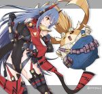  blue_hair breasts elbow_gloves gloves goggles goggles_on_head hana_(xenoblade) hana_jd highleg highleg_leotard large_breasts leotard long_hair mochimochi_(xseynao) nopon one_eye_closed orange_eyes overalls smile spoilers tora_(xenoblade) xenoblade_(series) xenoblade_2 