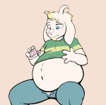  anthro asriel_dreemurr belly big_belly blue_eyes caprine clothed clothing fur goat horn looking_down male mammal navel overweight pancak3 solo sweat undertale video_games white_fur 