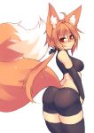  ahoge animal_ear_fluff animal_ears ass bare_shoulders bike_shorts black_gloves black_legwear black_ribbon blush breasts closed_mouth commentary_request elbow_gloves eyebrows_visible_through_hair eyes_visible_through_hair fluffy fox_ears fox_tail gloves hair_between_eyes hair_ribbon highres large_tail looking_at_viewer low_ponytail medium_breasts midriff orange_hair original pout red_eyes ribbon short_hair_with_long_locks simple_background sketch solo sub-res suzu_(sub-res) tail thighhighs v-shaped_eyebrows white_background 