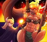  2018 abs alternate_species animal_humanoid armwear bowser breasts claws clothed clothing crossgender dark_skin digital_media_(artwork) female fire_flower hair hi_res horn humanoid humanoidized koopahime long_hair looking_at_viewer marik_azemus34 mario_bros muscular muscular_female nintendo open_mouth pointy_ears raised_arm solo spikes video_games 