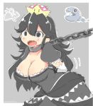  :d arms_behind_back bangs black_dress black_eyes black_hair bound bound_arms breasts chain chain_chomp cleavage commentary_request crown dress drooling dual_persona eyebrows_visible_through_hair grey_dress hair_between_eyes large_breasts mario_(series) momosemocha motion_lines new_super_mario_bros._u_deluxe open_mouth princess_chain_chomp puffy_short_sleeves puffy_sleeves restrained sharp_teeth short_sleeves smile solo super_crown super_mario_bros. teeth 