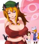  animal_ears blonde_hair blush breasts brown_eyes brown_hair cat_ears chen chen_(cosplay) cleavage cosplay covered_nipples fang groin hat huge_breasts looking_at_viewer multiple_girls navel oukadan purple_eyes saliva tail tongue touhou undersized_clothes yakumo_ran yakumo_yukari 