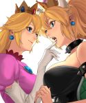  backlighting black_dress black_nails blonde_hair blue_eyes blush borrowed_design bowsette bracelet breasts brooch collar commentary_request crown dress earrings elbow_gloves face-to-face gem gloves hair_between_eyes highres horns jewelry large_breasts long_hair looking_at_another mario_(series) multiple_girls nail_polish new_super_mario_bros._u_deluxe open_mouth pink_dress pointy_ears ponytail princess_peach puffy_short_sleeves puffy_sleeves sharp_teeth shell short_sleeves smile spiked_armlet spiked_collar spikes super_crown super_mario_bros. teeth turtle_shell white_gloves yuri zonotaida 