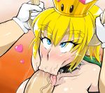  1boy 1girl :&gt;= armlet bare_shoulders blonde_hair blue_eyes blush bowsette breasts collar crown darm_engine fellatio from_above gloves grabbing hat heart horns large_breasts licking licking_penis looking_up mario mario_(series) new_super_mario_bros._u_deluxe nintendo oral ponytail pubic_hair saliva spiked_collar spikes stray_pubic_hair super_crown super_mario_bros. thick_eyebrows tongue tongue_out turtle_shell 