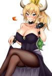  &gt;:) armlet bangs bare_shoulders black_dress black_legwear blonde_hair blue_eyes blush bowsette bracelet breasts chin_rest cleavage collar collarbone crimecrime crossed_legs crown dress dress_lift eyebrows_visible_through_hair gem highres horns jewelry large_breasts legs long_hair mario_(series) new_super_mario_bros._u_deluxe pantyhose parted_lips pointy_ears sitting smirk spiked_bracelet spiked_collar spikes strapless strapless_dress super_crown super_mario_bros. tail thighs turtle_shell 