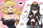  :&lt; ? bare_shoulders black_dress black_hair blonde_hair blue_eyes bowsette bracelet breasts bullet_bill collar crown dress gimnang gloves hair_ornament highres horns jewelry large_breasts long_hair mario_(series) multiple_girls new_super_mario_bros._u_deluxe ponytail red_eyes speech_bubble spiked_bracelet spiked_collar spikes spoken_question_mark super_crown super_mario_bros. 