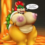  09hankris 2018 absurd_res anthro areola big_breasts bowser breasts crossgender dialogue english_text fangs female hair hi_res horn huge_breasts koopa lava looking_at_viewer mario_bros nintendo nipples nude open_mouth pussy red_eyes red_hair scalie signature solo text thick_thighs video_games 