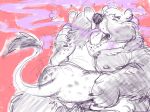  2018 ambiguous_gender anthro balls bear berlin chubby_cheeks claws duo eyes_closed hug looking_pleasured male male/ambiguous mammal moobs nipples on_lap overweight penis pink_background raised_tail sex simple_background size_difference smoking tuft 