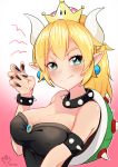  absurdres bare_shoulders blonde_hair blue_eyes bowsette bracelet breasts cleavage collar commentary_request crown dress earrings fang highres horns jewelry large_breasts looking_at_viewer mario_(series) new_super_mario_bros._u_deluxe ponytail solo spiked_bracelet spiked_collar spikes super_crown yumi_(milomonkey) 