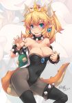  1girl bare_shoulders black_boots blonde_hair blue_eyes blush boots bowsette bracelet breasts cleavage collar crown dress earrings horns jewelry large_breasts looking_at_viewer mario_(series) nail_polish nintendo open_mouth pointy_ears solo spiked_bracelet spiked_collar spikes super_crown thigh_boots thighhighs 