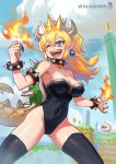  ass_visible_through_thighs blonde_hair bowsette bracelet breasts breathing_fire cleavage collar commentary_request covered_navel crown fangs fingernails fire highres horns jewelry leotard long_fingernails long_hair mario_(series) new_super_mario_bros._u_deluxe open_mouth piranha_plant purple_eyes shell smile solo spiked_bracelet spiked_collar spikes super_crown tail thighhighs wox 