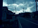  cloudy_sky day highres house mita_mitauzo no_humans original outdoors photorealistic power_lines railing road scenery sky stairs traffic_light 